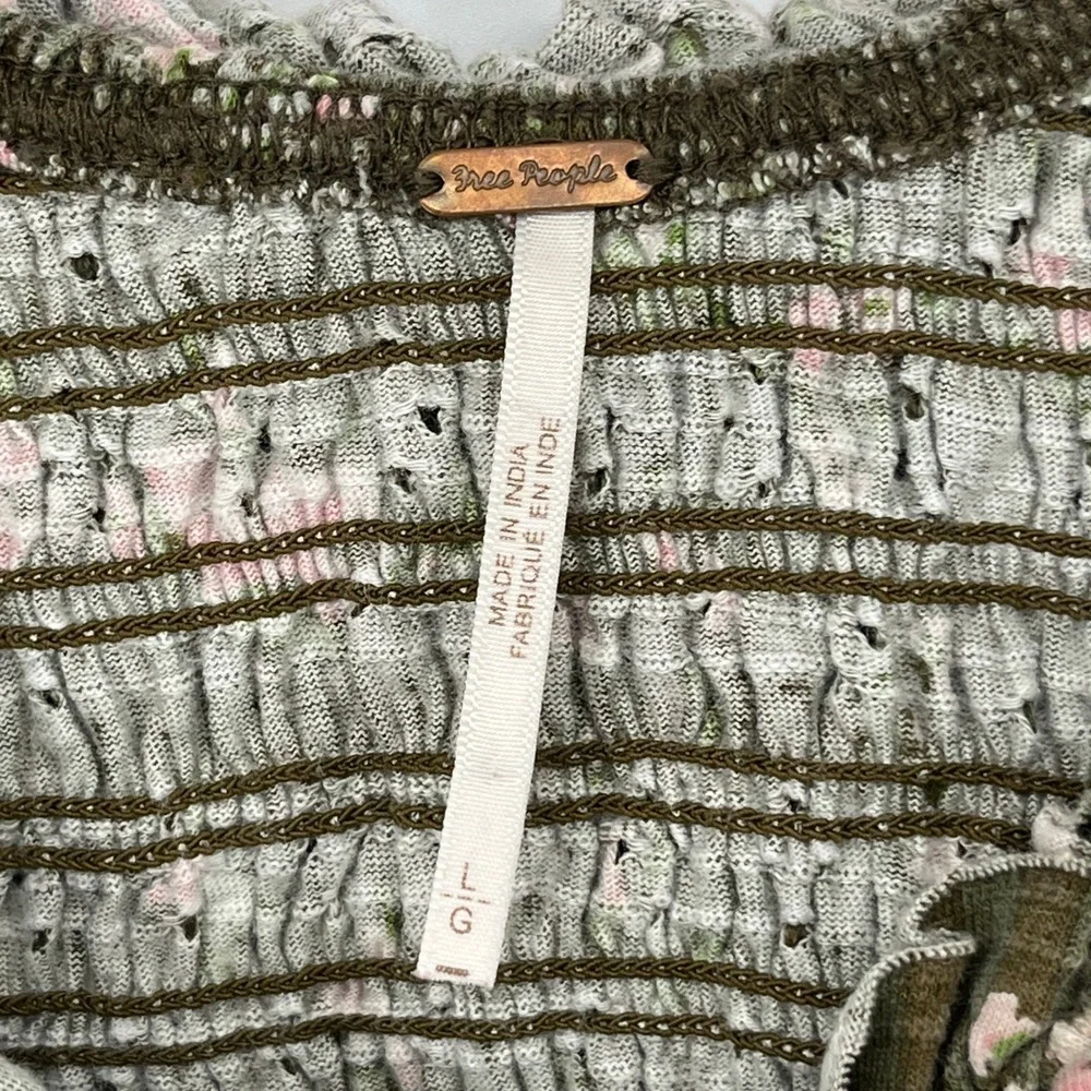 Free People Olive Floral Smocked Eyelet Ruffle Crop Top Boho Prairie Women Large